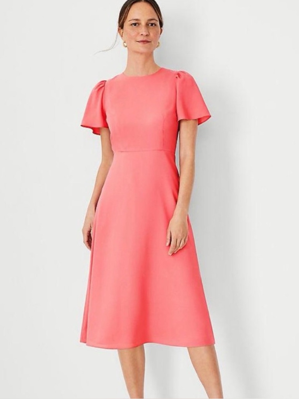 Ann Taylor Coral-Pink Midi Dress with Flutter Sleeves - Size 6